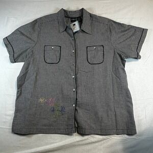 Vintage Plus Size Gingham 2 Piece Set Black White Floral Embroidery Cotton 3X 2X